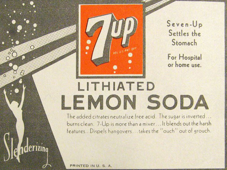 7-UP contained lithium citrate a treatment for bipolar disorder. Weirder still is how lithium treatment was discovered